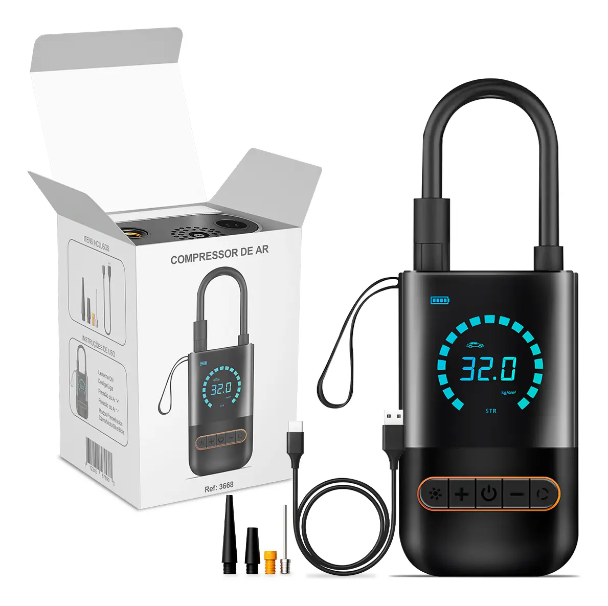 Compressor De Ar Calibrador Portátil Bomba Inflável Insuflador De Pneus Elétricos Digital Para Carro Moto Bicicleta Bolas Preto Bivolt
