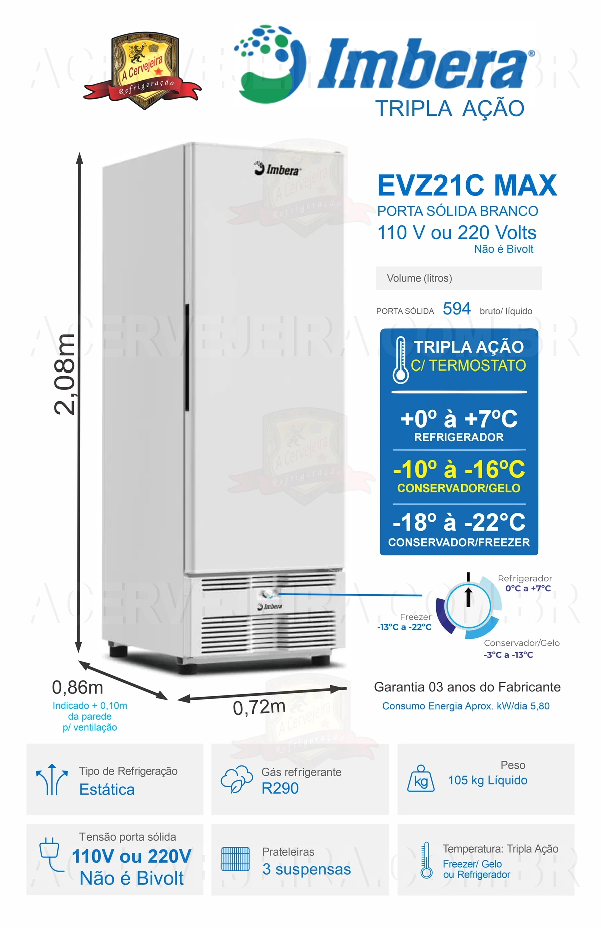 FREEZER VERTICAL TRIPLA ACAO IMBERA 594L EVZ21C MAX 220V